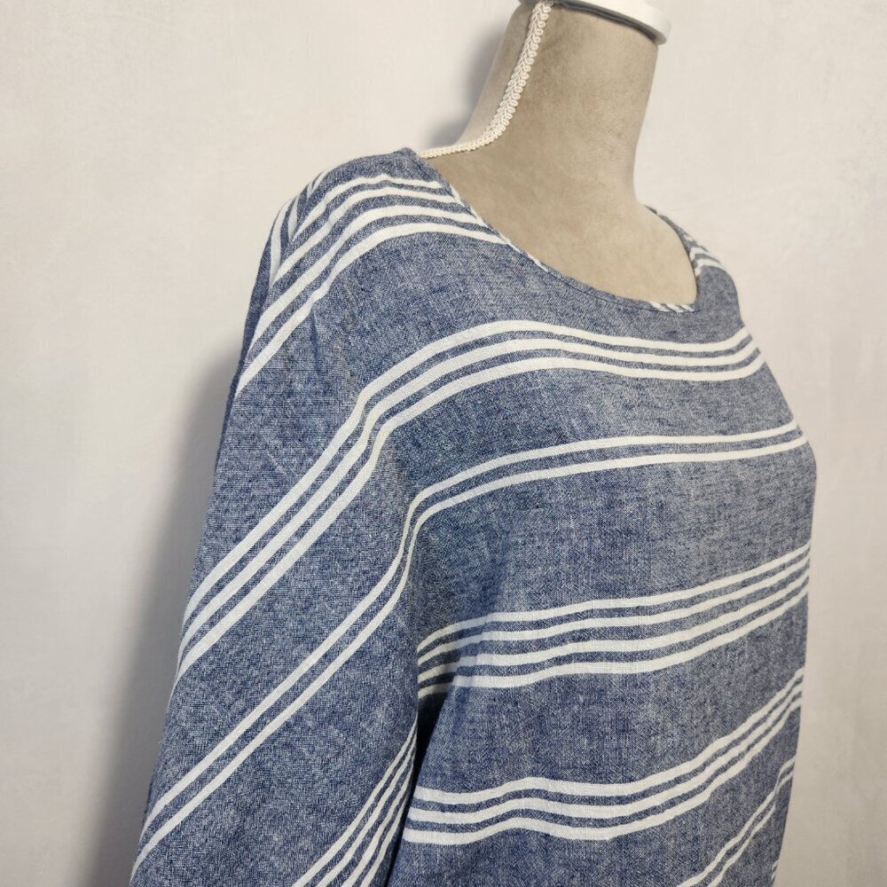 Beach Lunch Lounge Size Large Blue White Linen Blend Boxy Striped Side Tie Top - Picture 6 of 13